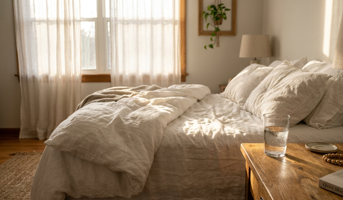 Ranné svetlo prenikajúce cez záclony do spálne s pohárom vody na nočnom stolíku